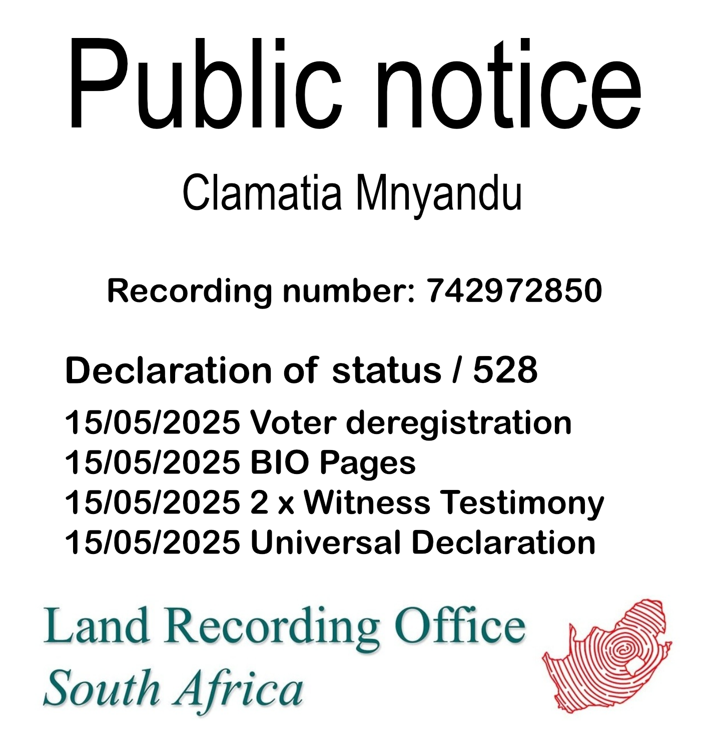 Public Notice Clamatia Mnyandu (c) Recording number 742972850